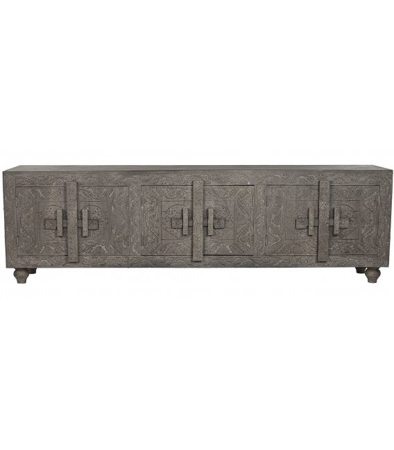 Mueble TV madera maciza gris étnico con seis puertas artesanal 1