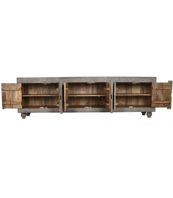 Mueble TV madera maciza gris étnico con seis puertas artesanal 2