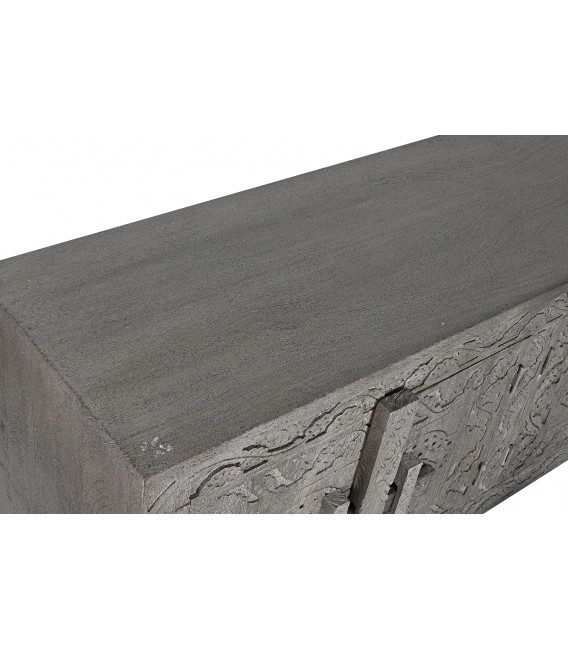 Mueble TV madera maciza gris étnico con seis puertas artesanal 3