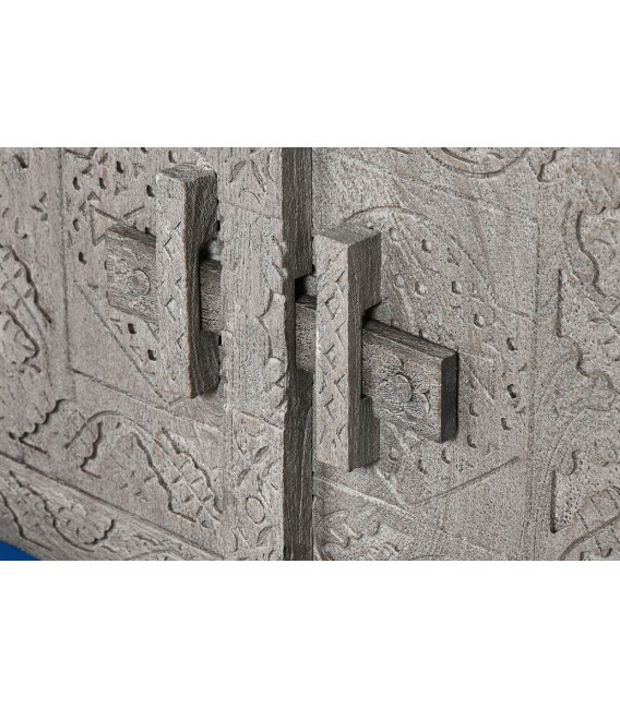 Mueble TV madera maciza gris étnico con seis puertas artesanal 5