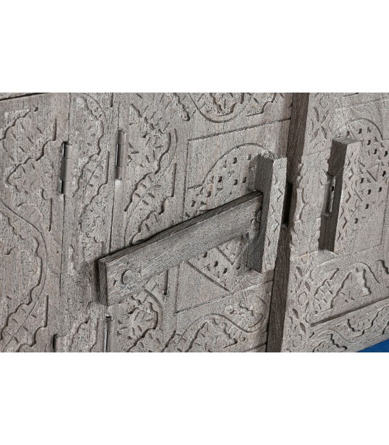 Mueble TV madera maciza gris étnico con seis puertas artesanal 6