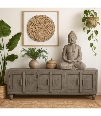 Mueble TV madera maciza gris étnico con seis puertas artesanal mdmhogar
