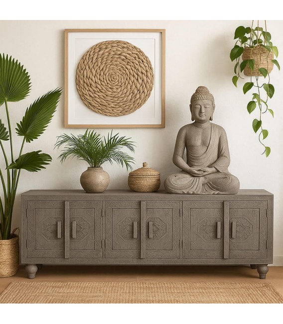 Mueble TV madera maciza gris étnico con seis puertas artesanal mdmhogar