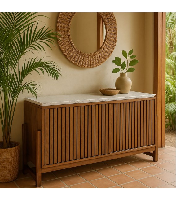 Aparador pequeño de acacia y terrazo estilo boho chic natural mdmhogar
