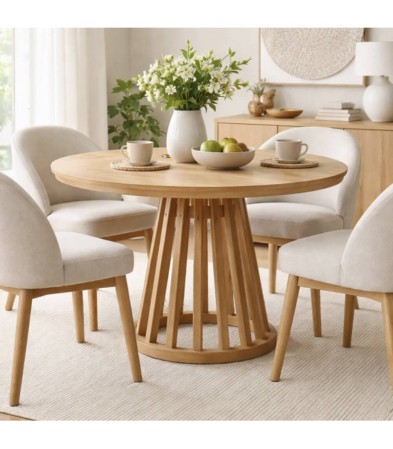 Mesa de comedor de forma  redonda grande en madera natural boho mdmhogar