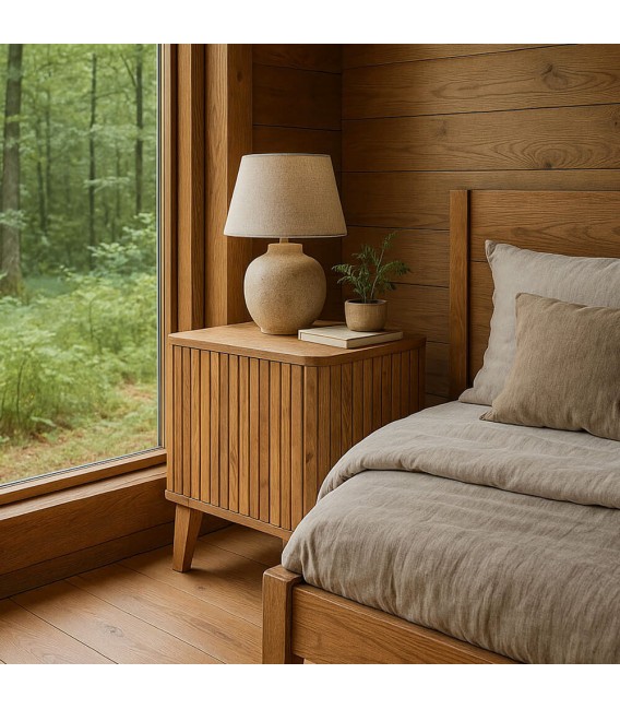Mesita de noche de estilo boho en madera maciza natural de acacia mdmhogar