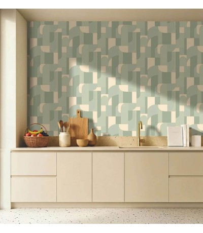 Papel pintado geométrico azul beige y dorado estilo art decó Mdmhogar