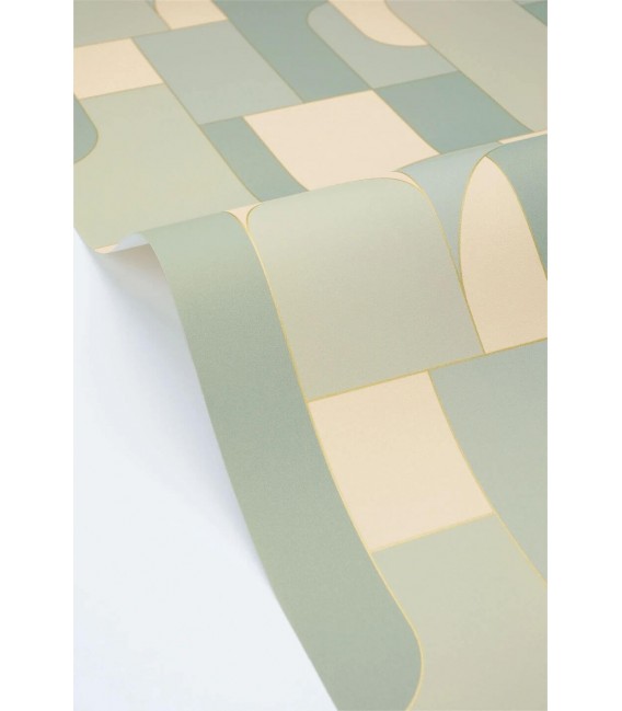 Papel pintado geométrico azul beige y dorado estilo art decó2