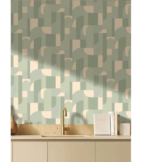 Papel pintado geométrico azul beige y dorado estilo art decó3