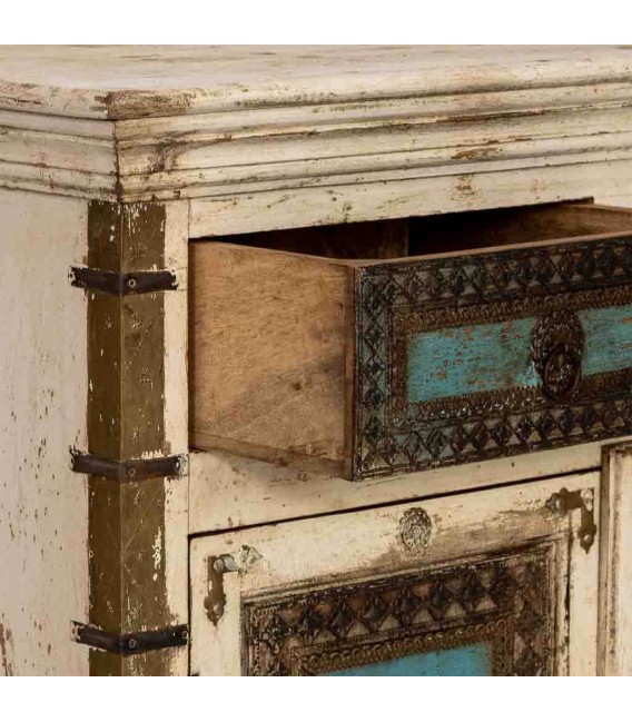 Taquillón madera envejecida crema turquesa étnico dos puertas 3