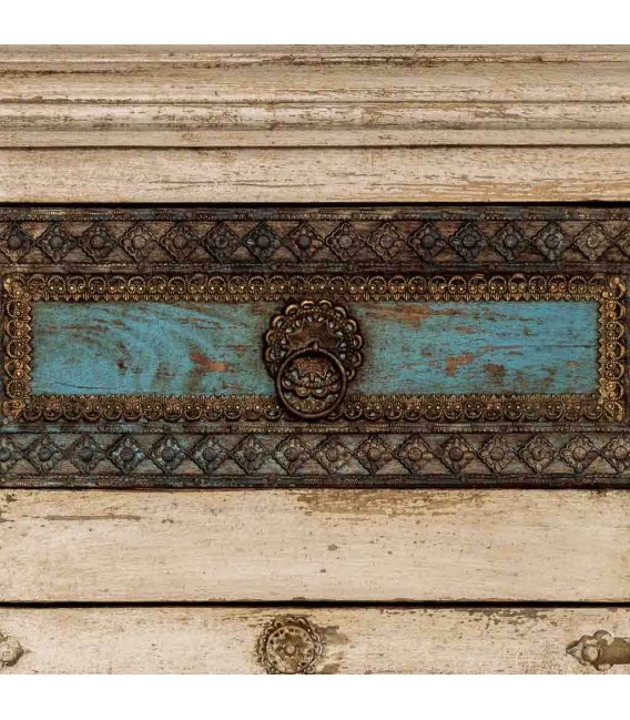 Taquillón madera envejecida crema turquesa étnico dos puertas 4
