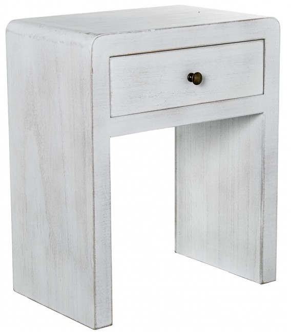 Mesita de noche blanca decapé de madera con un cajón ibicenca