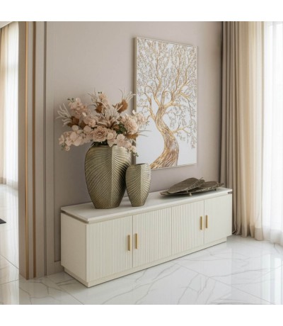 Mueble TV de madera crema de cuatro puertas estilo boho con dorado mdmhogar