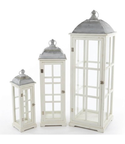 Set de tres faroles de madera blanca rozada y metal estilo clásico 1