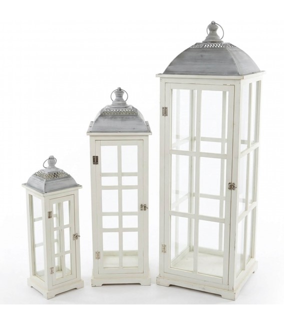 Set de tres faroles de madera blanca rozada y metal estilo clásico 1