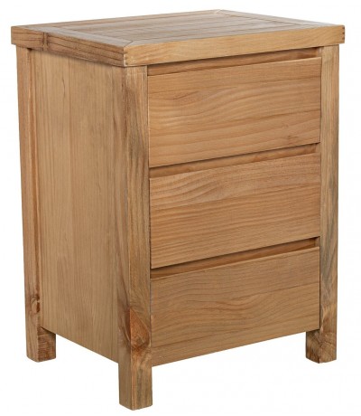 Mesita de noche de madera natural con tres cajones estilo boho mdmhogar