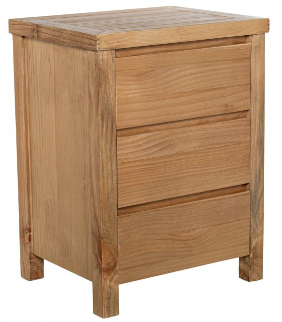 Mesita de noche de madera natural con tres cajones estilo boho mdmhogar