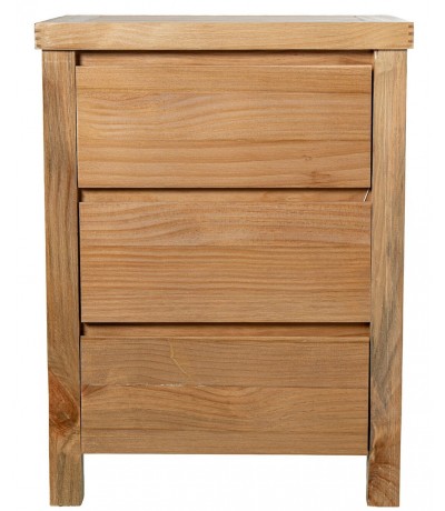 Mesita de noche de madera natural con tres cajones estilo boho