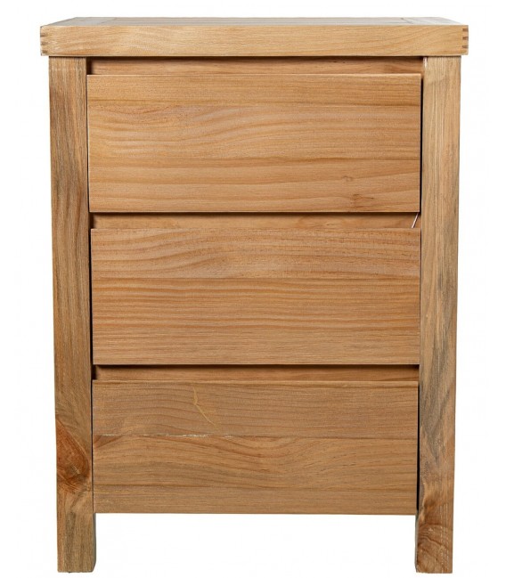 Mesita de noche de madera natural con tres cajones estilo boho