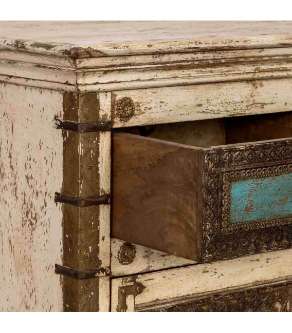Aparador de madera crema turquesa cuatro puertas estilo étnico 3