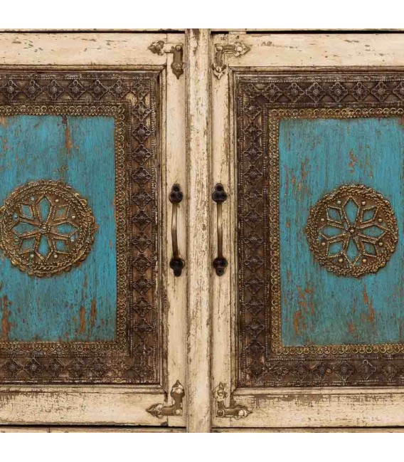 Aparador de madera crema turquesa cuatro puertas estilo étnico 5