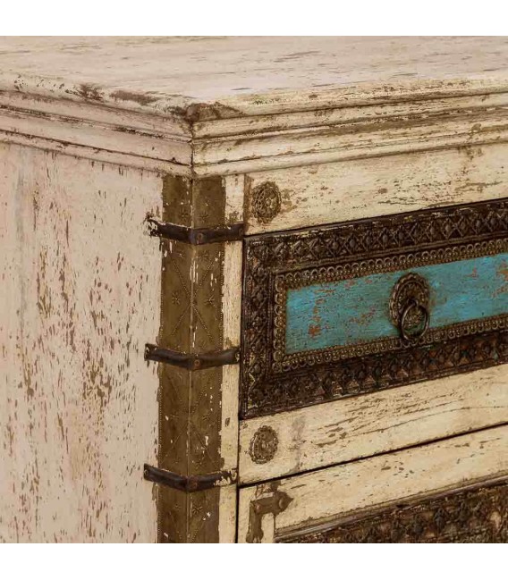 Aparador de madera crema turquesa cuatro puertas estilo étnico 6