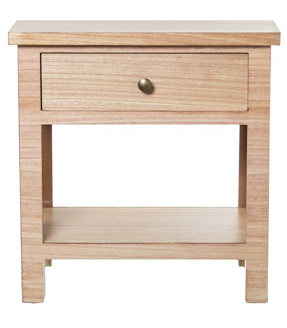Mesita de noche de madera natural con un cajón boho envejecida  1
