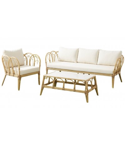 Set de exterior boho de sofá, sillones y mesa en ratán natural