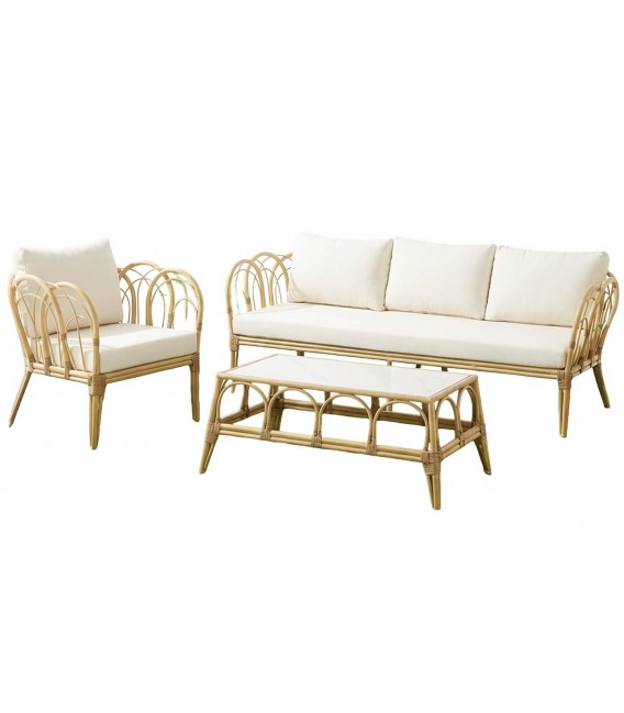 Set de exterior boho de sofá, sillones y mesa en ratán natural