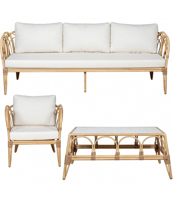 Set de exterior boho de sofá, sillones y mesa en ratán natural 1