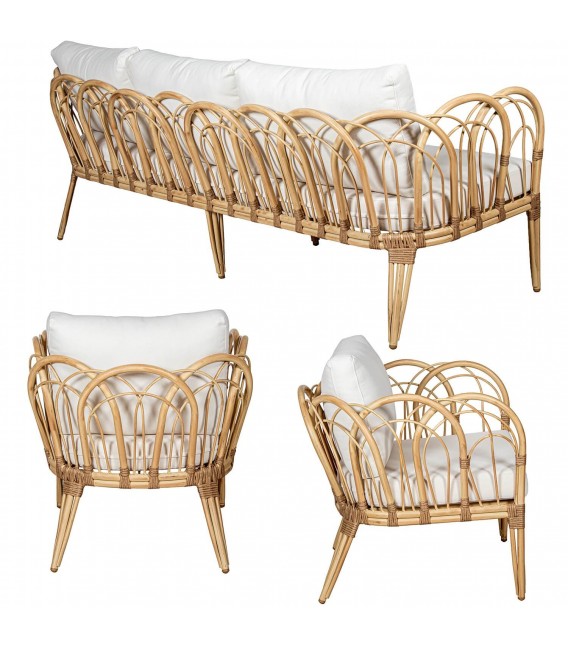 Set de exterior boho de sofá, sillones y mesa en ratán natural 2
