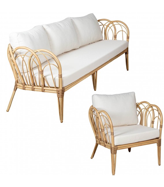 Set de exterior boho de sofá, sillones y mesa en ratán natural 4