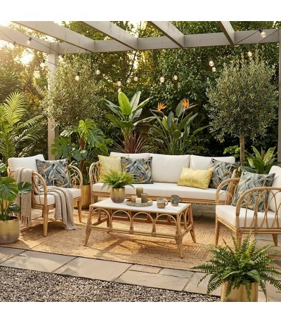Set de exterior boho de sofá, sillones y mesa en ratán natural mdmhogar