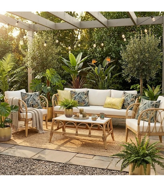 Set de exterior boho de sofá, sillones y mesa en ratán natural mdmhogar