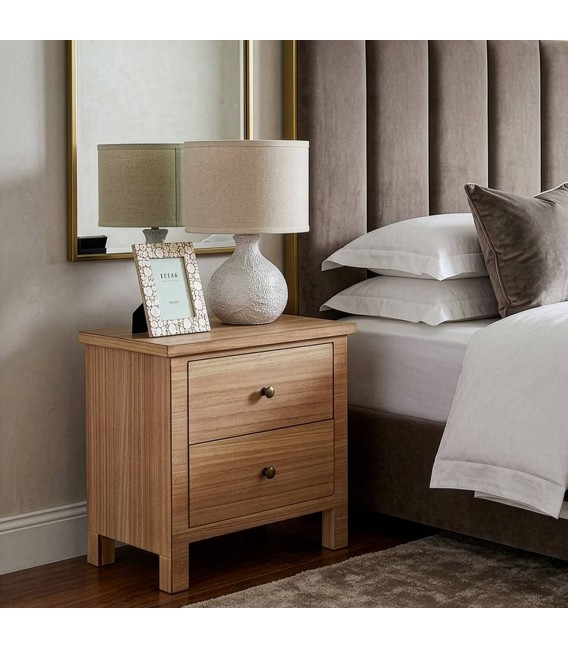 Mesita de noche con dos cajones de madera natural estilo boho mdmhogar