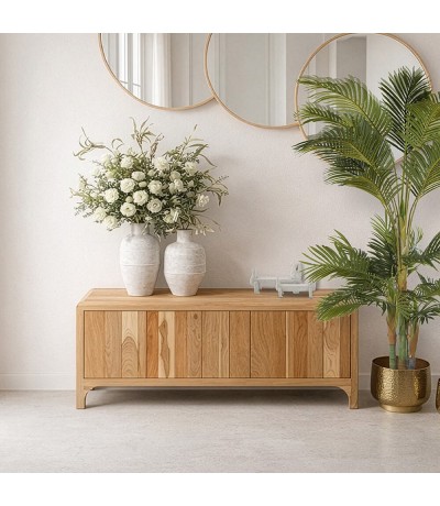 Mueble de TV madera de acacia natural cuatro puertas estilo boho mdmhogar