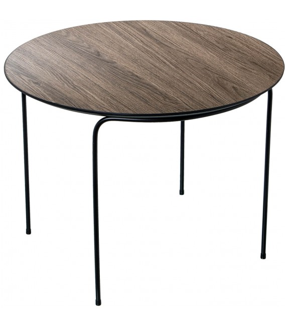 Mesita auxiliar redonda de madera nogal y metal negro industrial