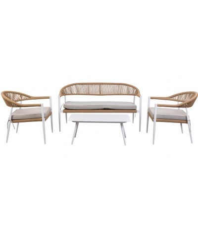 Set de exterior de madera sofá sillones y mesa de estilo ibicenco