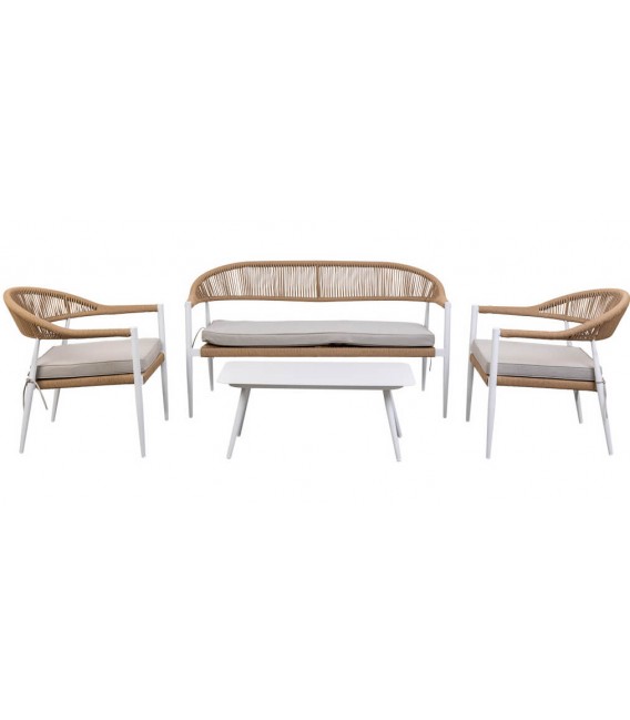 Set de exterior de madera sofá sillones y mesa de estilo ibicenco