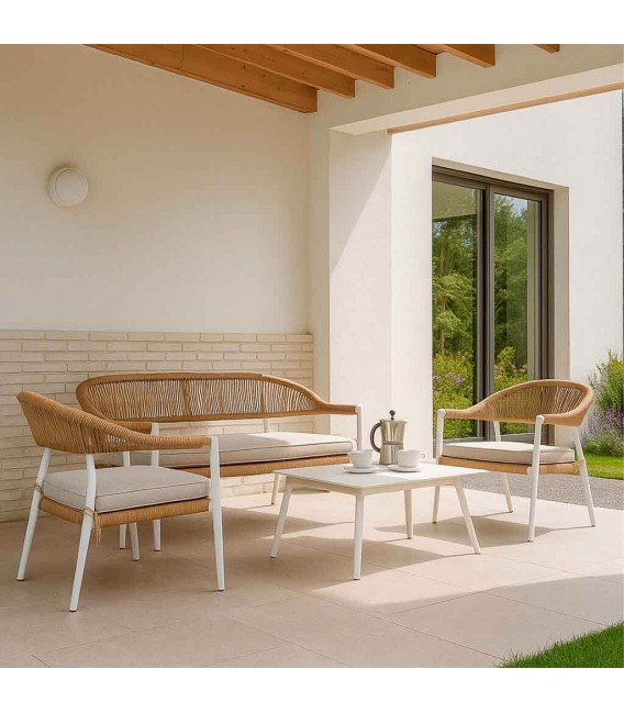 Set de exterior de madera sofá sillones y mesa de estilo ibicenco mdmhogar