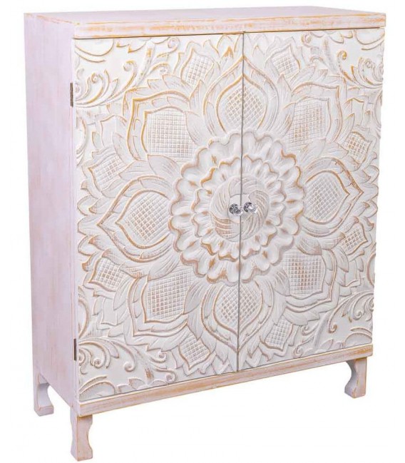Taquillón estilo étnico tallado en madera pintada en blanca decapé mdmhogar