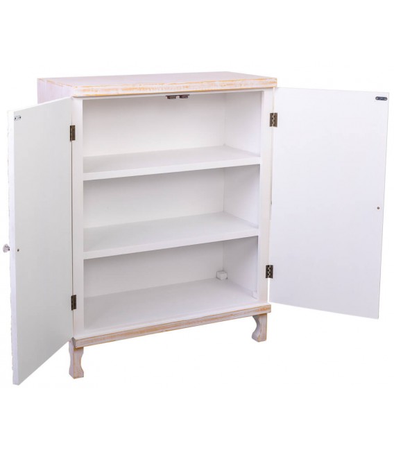 Taquillón estilo étnico tallado en madera pintada en blanca decapé 1