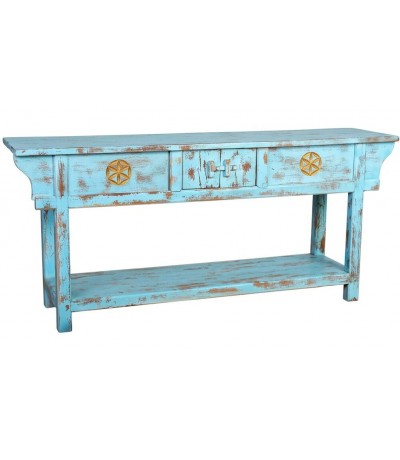 Consola oriental de madera de mango azul envejecido tres cajones