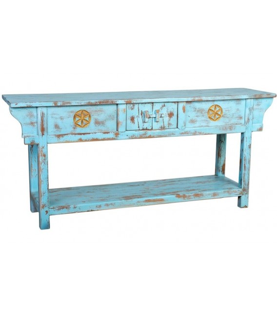 Consola oriental de madera de mango azul envejecido tres cajones