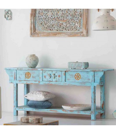 Consola oriental de madera de mango azul envejecido tres cajones mdmhogar