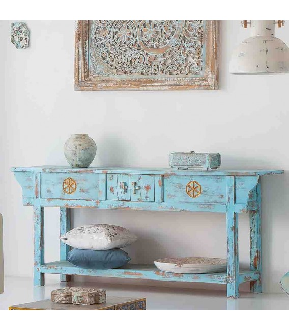 Consola oriental de madera de mango azul envejecido tres cajones mdmhogar