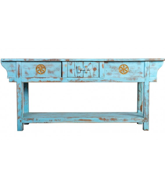 Consola oriental de madera de mango azul envejecido tres cajones 1