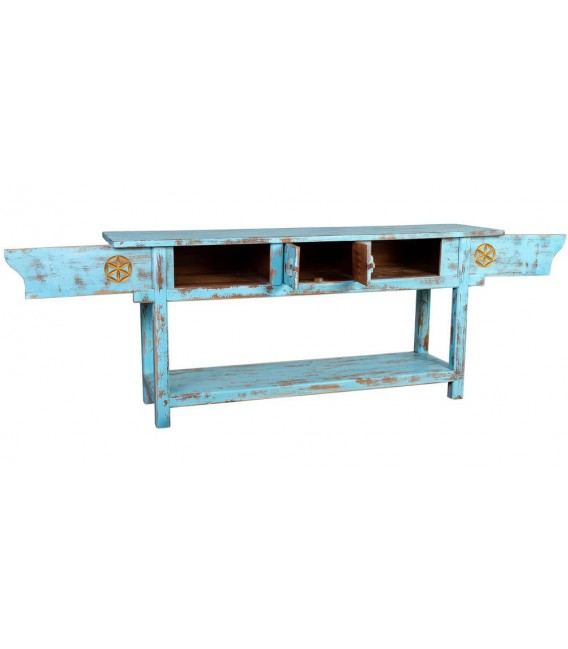 Consola oriental de madera de mango azul envejecido tres cajones 2