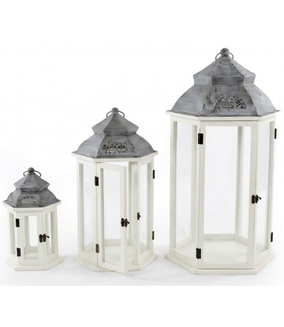 Set 3 faroles madera y metal blanco envejecido estilo clásico
