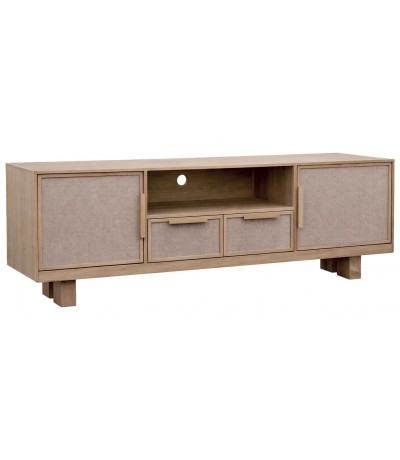 Mueble TV madera mango y ratán estilo boho 2 puertas cajones